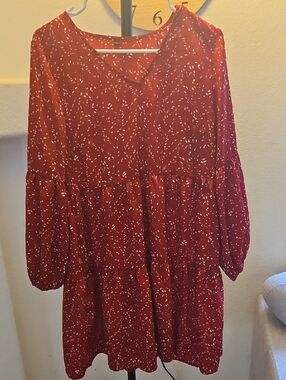Red Patterned Tiered Long Sleeve Dress